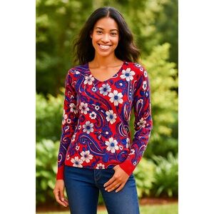 Talbots Womens Petite Merino Wool V Neck Puff Sleeve Floral Paisley Sweater L